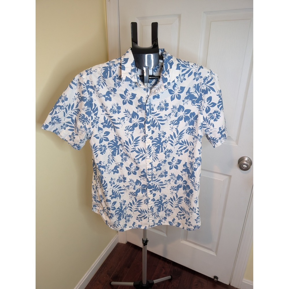 Denim &‎ Flower Button Down Shirt Blue White Floral Slim Fit Cotton - Size L